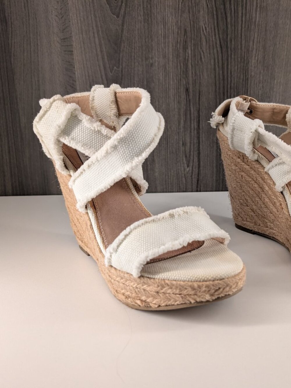 Steve Madden White Canvas and Cord Wedges